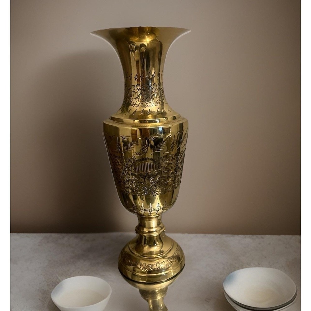 Vintage Brass Engraved Vase Floral Etched Ornate Decor Pedestal Vase India